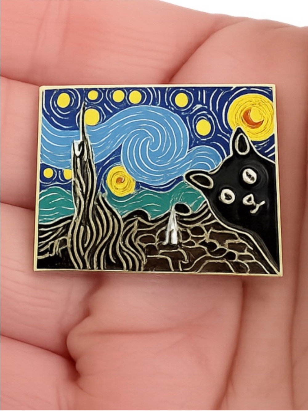 Black Cat Art Enamel Pin Set 3pc Van Gogh Munch Sunflowers NWT Gift Cute - Picture 2 of 11